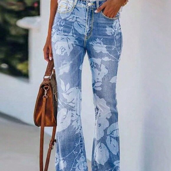 Light Wash Casual Women's Floral Printed Bootcut High Waisted Stretch Jeans - Picture 1 of 6